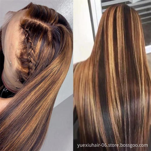 Cheap Wholesale Highlight Piano Honey Brown Color Bone Straight Brazilian Human Hair HD Lace Frontal Natural Wigs Pre Pluck